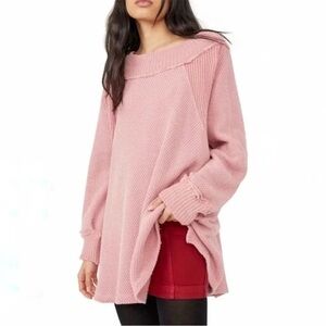 Free People She’s a Keeper Pink Thermal Knit Tunic Top Oversized Size XL